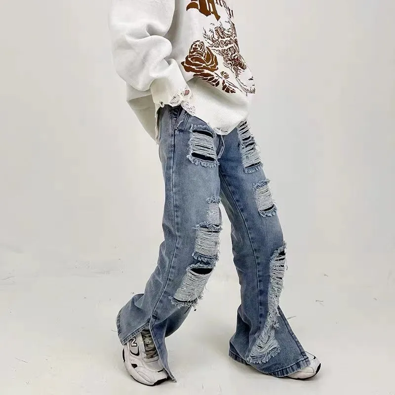 American High Street Summer Thin Section Hole Slit Loose Jeans