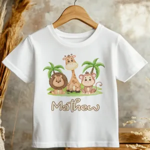 Animal Theme Lion Giraffe Monkey Personalised Toddler & Kids T Shirt