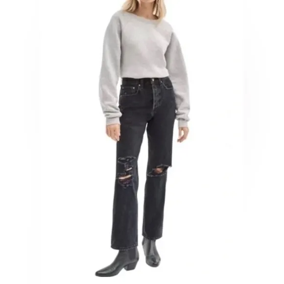 ARITZIA DENIM FORUM 25 Joni Hi-Rise Loose 26L Jean Black Wash Distressed Rips