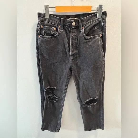 ARITZIA DENIM FORUM 25 Joni Hi-Rise Loose 26L Jean Black Wash Distressed Rips