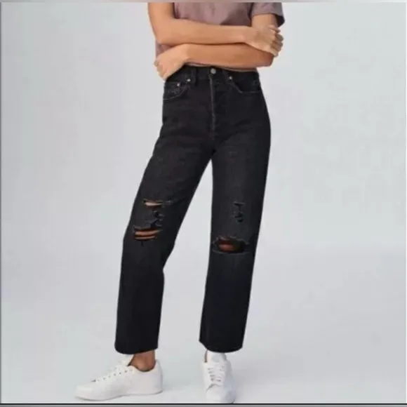 ARITZIA DENIM FORUM 25 Joni Hi-Rise Loose 26L Jean Black Wash Distressed Rips