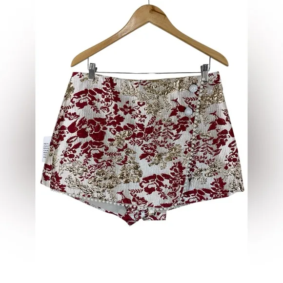 ASOS LUXE jacquard shorts &amp; pearl embellishment in burgundy &amp; gold floral print