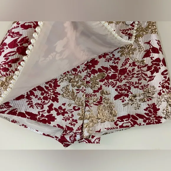 ASOS LUXE jacquard shorts &amp; pearl embellishment in burgundy &amp; gold floral print