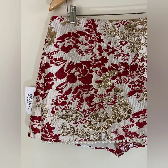 ASOS LUXE jacquard shorts &amp; pearl embellishment in burgundy &amp; gold floral print