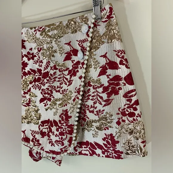 ASOS LUXE jacquard shorts &amp; pearl embellishment in burgundy &amp; gold floral print