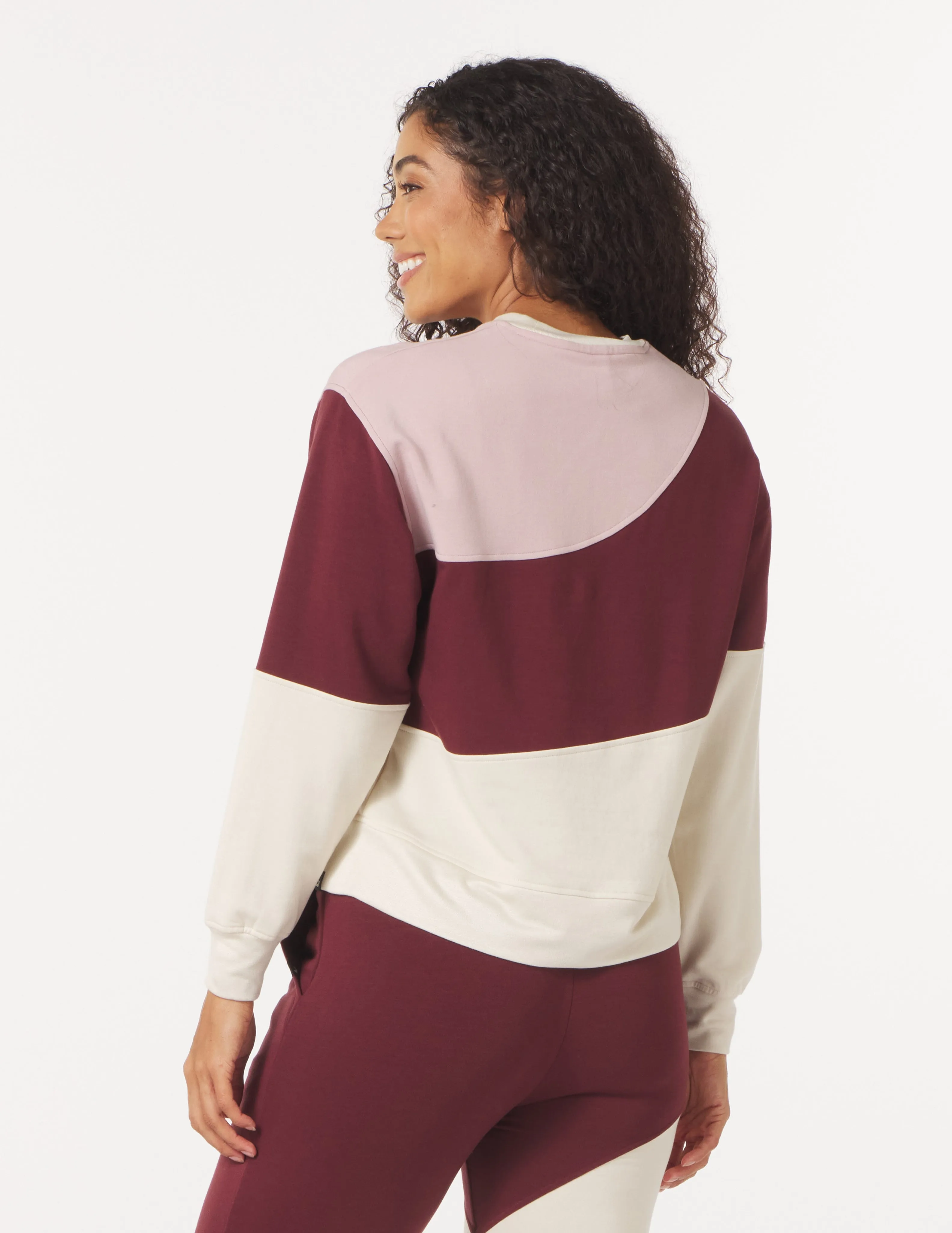 Asymmetric Long Sleeve Crew: Adobe Rose/Chestnut/Oatmilk