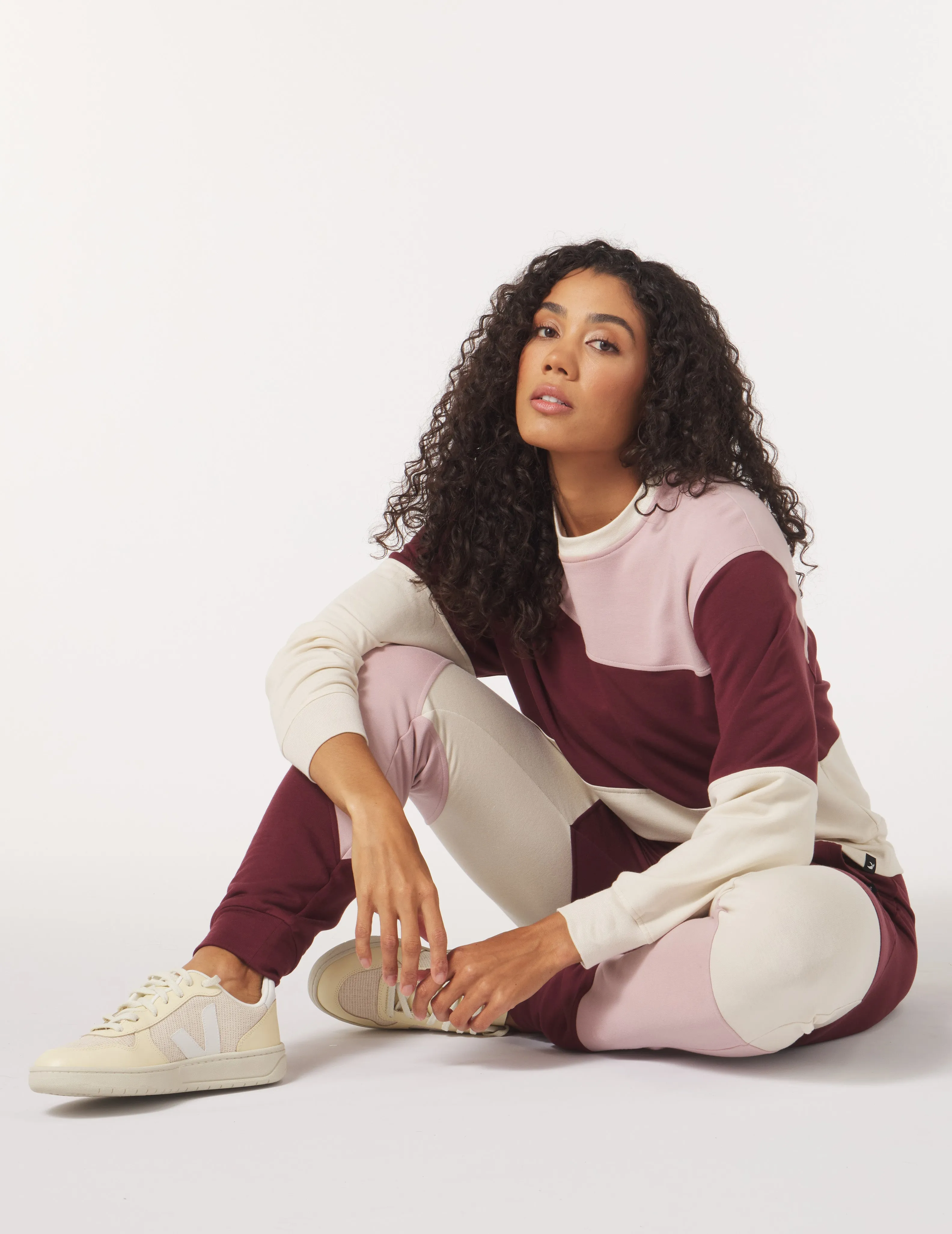 Asymmetric Long Sleeve Crew: Adobe Rose/Chestnut/Oatmilk