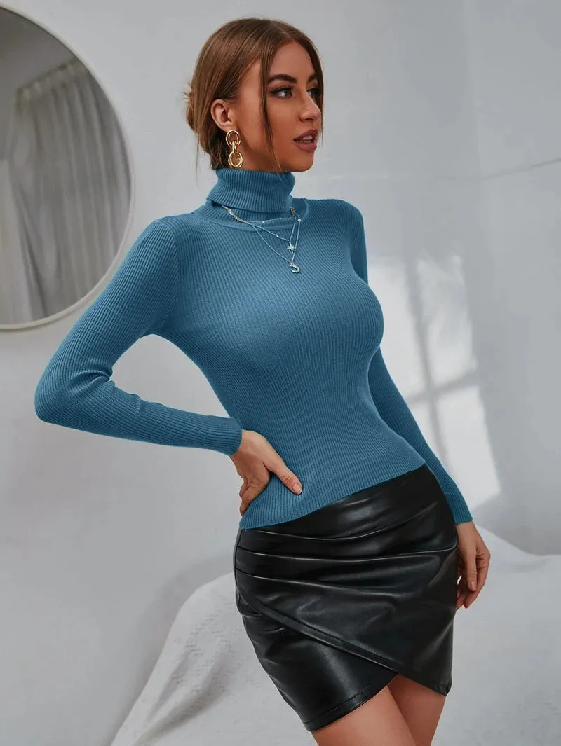 Autumn Winter Fashion Women Rib Knit Foldover Turtleneck Pull Sweater Casual Soft Jumper Stretch Pullover Top Bottoming Shirt