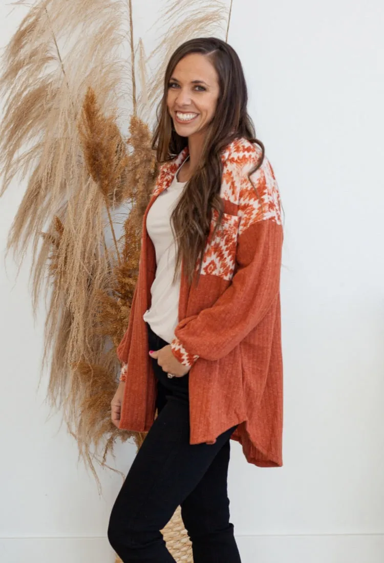 Aztec Ribbed Shacket in Rust
