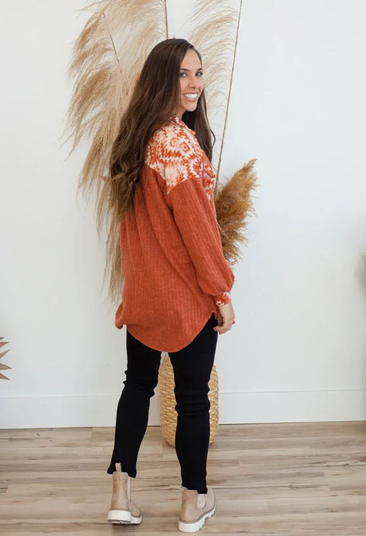 Aztec Ribbed Shacket in Rust