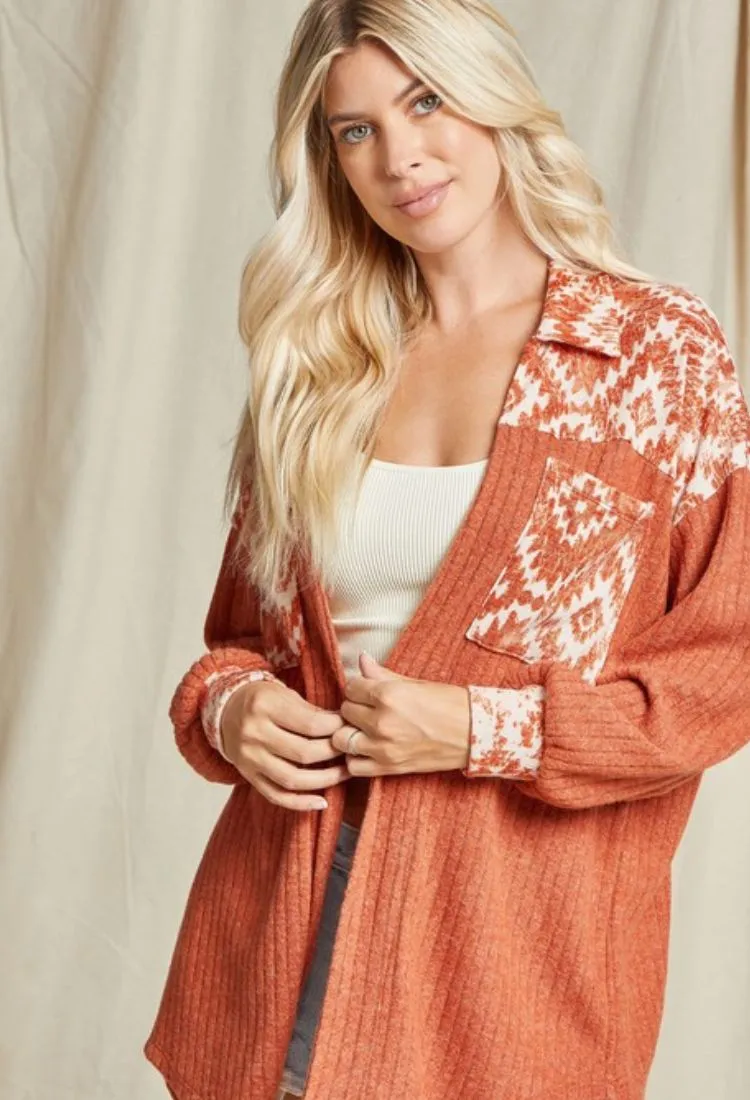 Aztec Ribbed Shacket in Rust