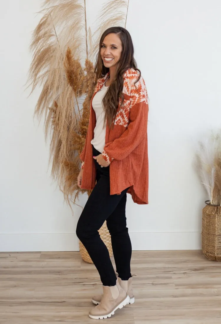 Aztec Ribbed Shacket in Rust