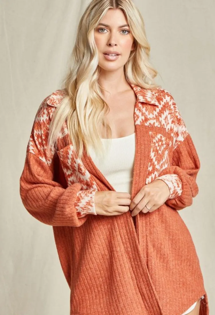 Aztec Ribbed Shacket in Rust