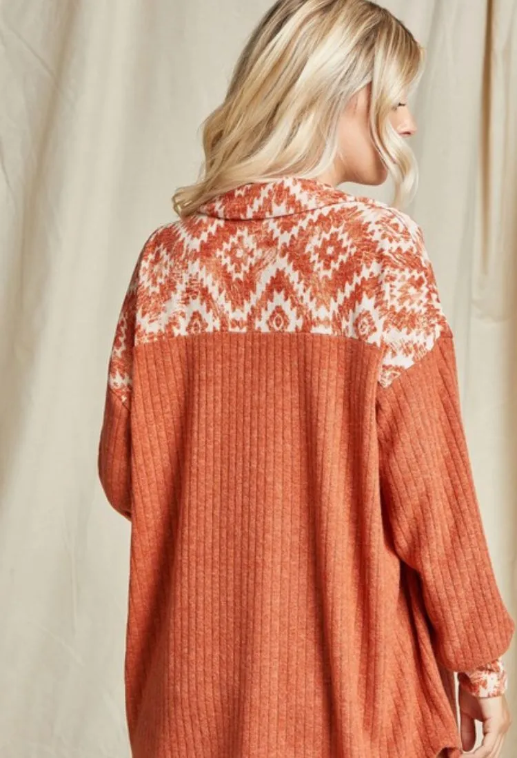 Aztec Ribbed Shacket in Rust