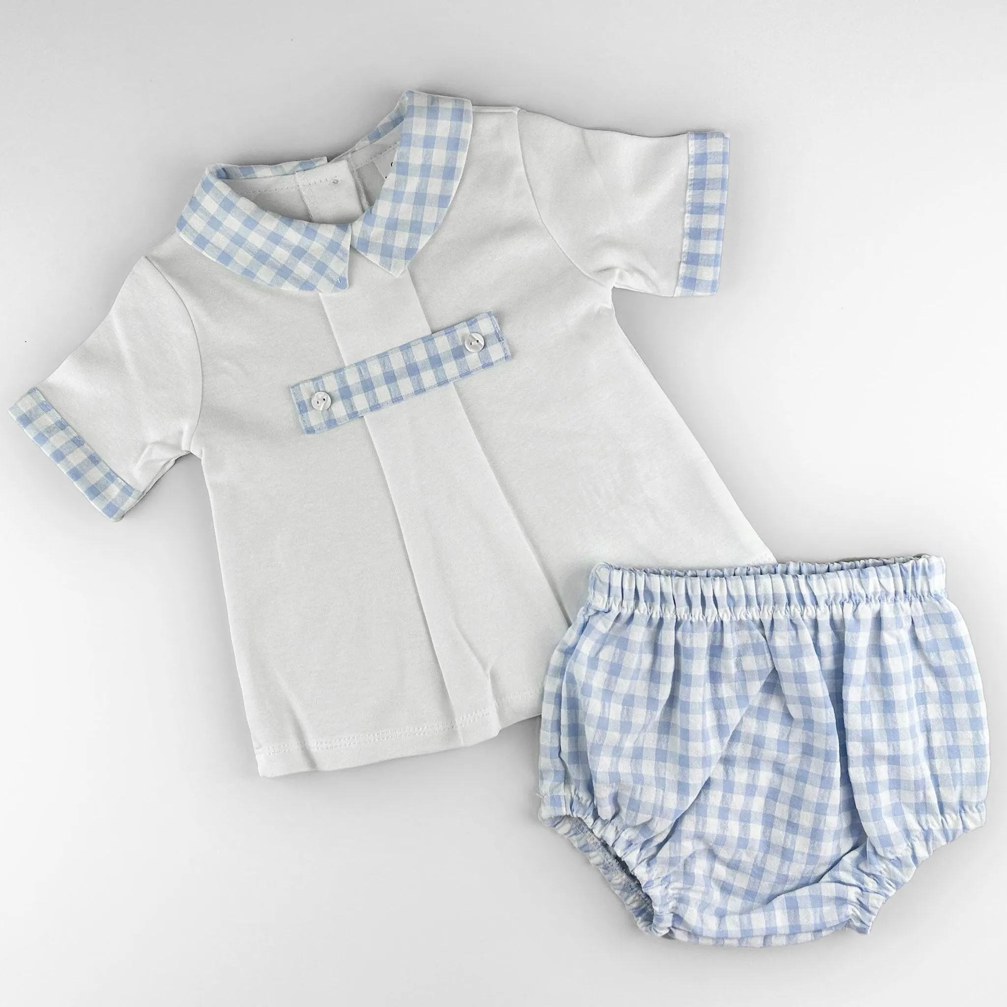 Baby Boy Checked Collar Shirt & Matching Jam Pants Set – White & Blue