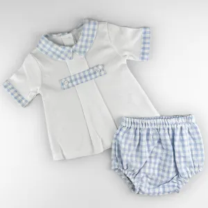 Baby Boy Checked Collar Shirt & Matching Jam Pants Set – White & Blue