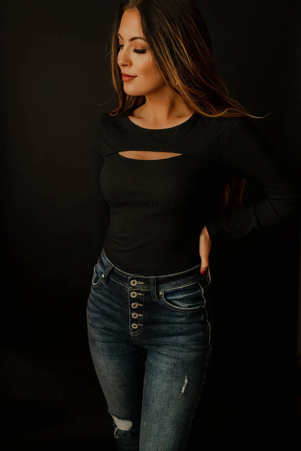 Bad Habits Long Sleeve Cutout Bodysuit (Black)