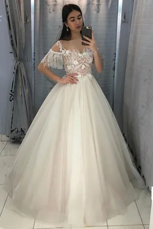 Ball Gown Off the Shoulder Sleeveless White Tulle Wedding Dresses with Appliques OHD110