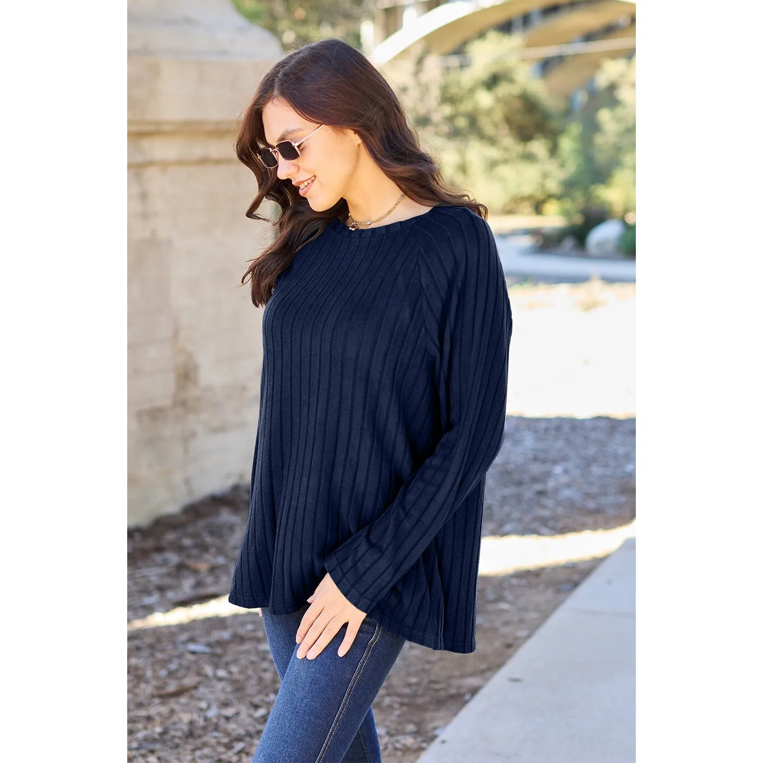 Basic Bae Full Size Ribbed Round Neck Long Sleeve Knit Top