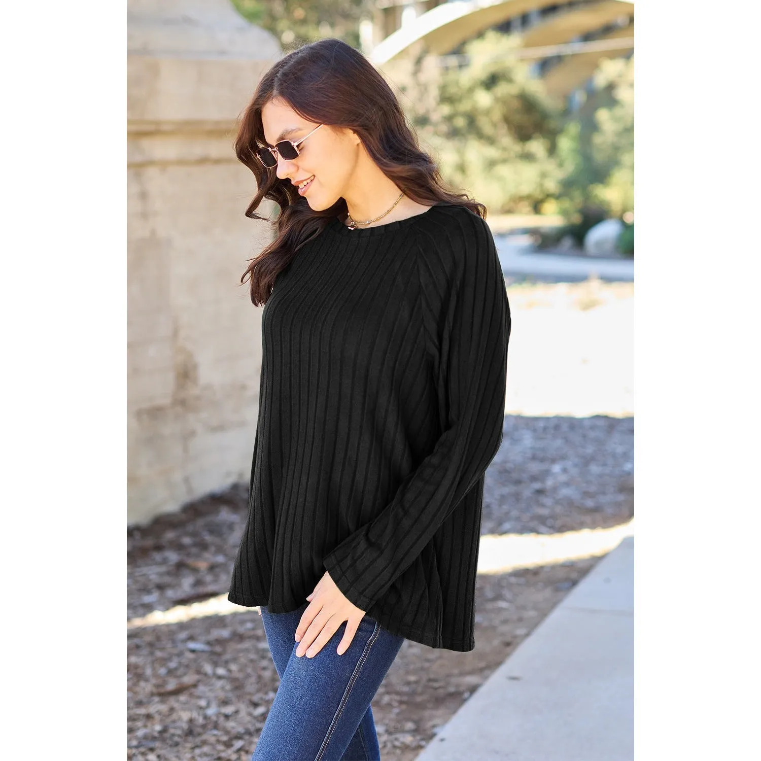 Basic Bae Full Size Ribbed Round Neck Long Sleeve Knit Top