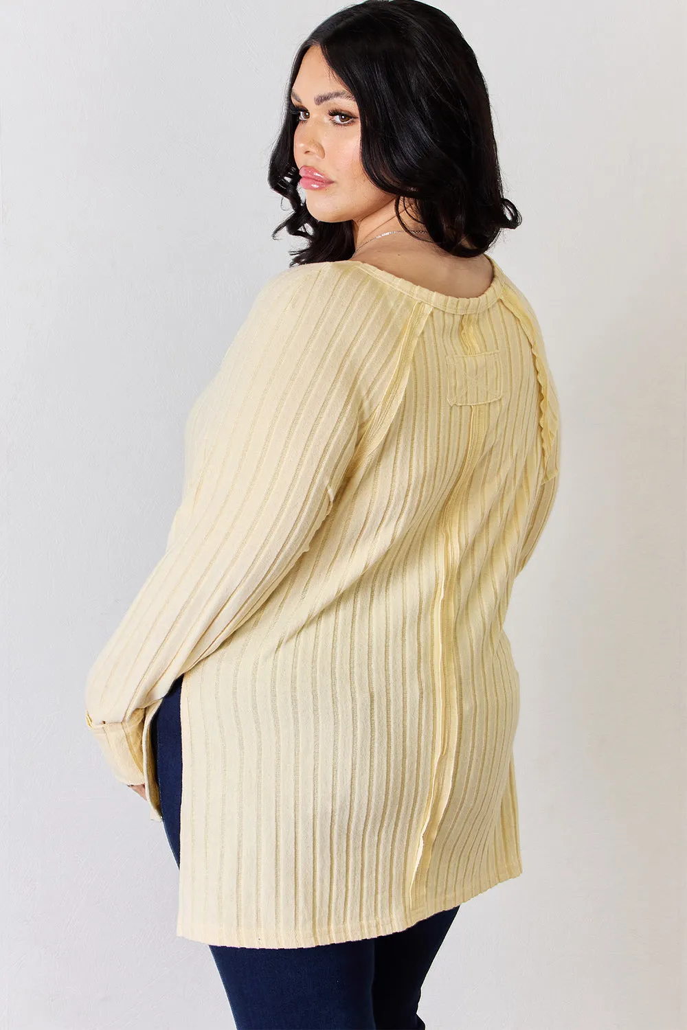 Basic Bae Full Size Ribbed Round Neck Slit long sleeve Shirt