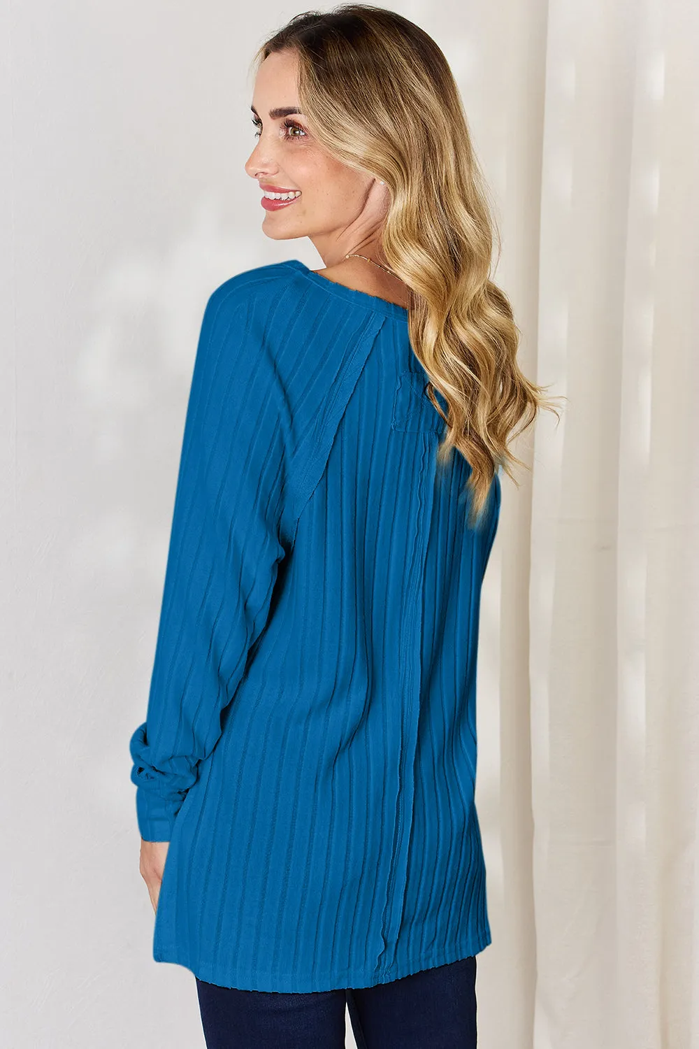 Basic Bae Full Size Ribbed Round Neck Slit long sleeve Shirt