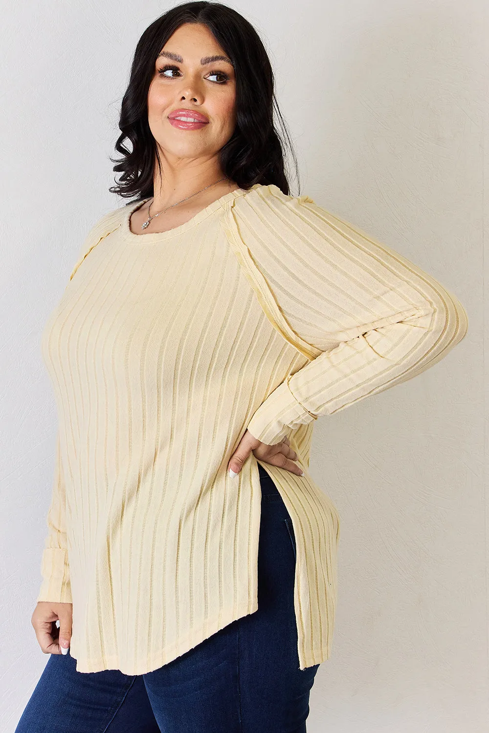 Basic Bae Full Size Ribbed Round Neck Slit long sleeve Shirt