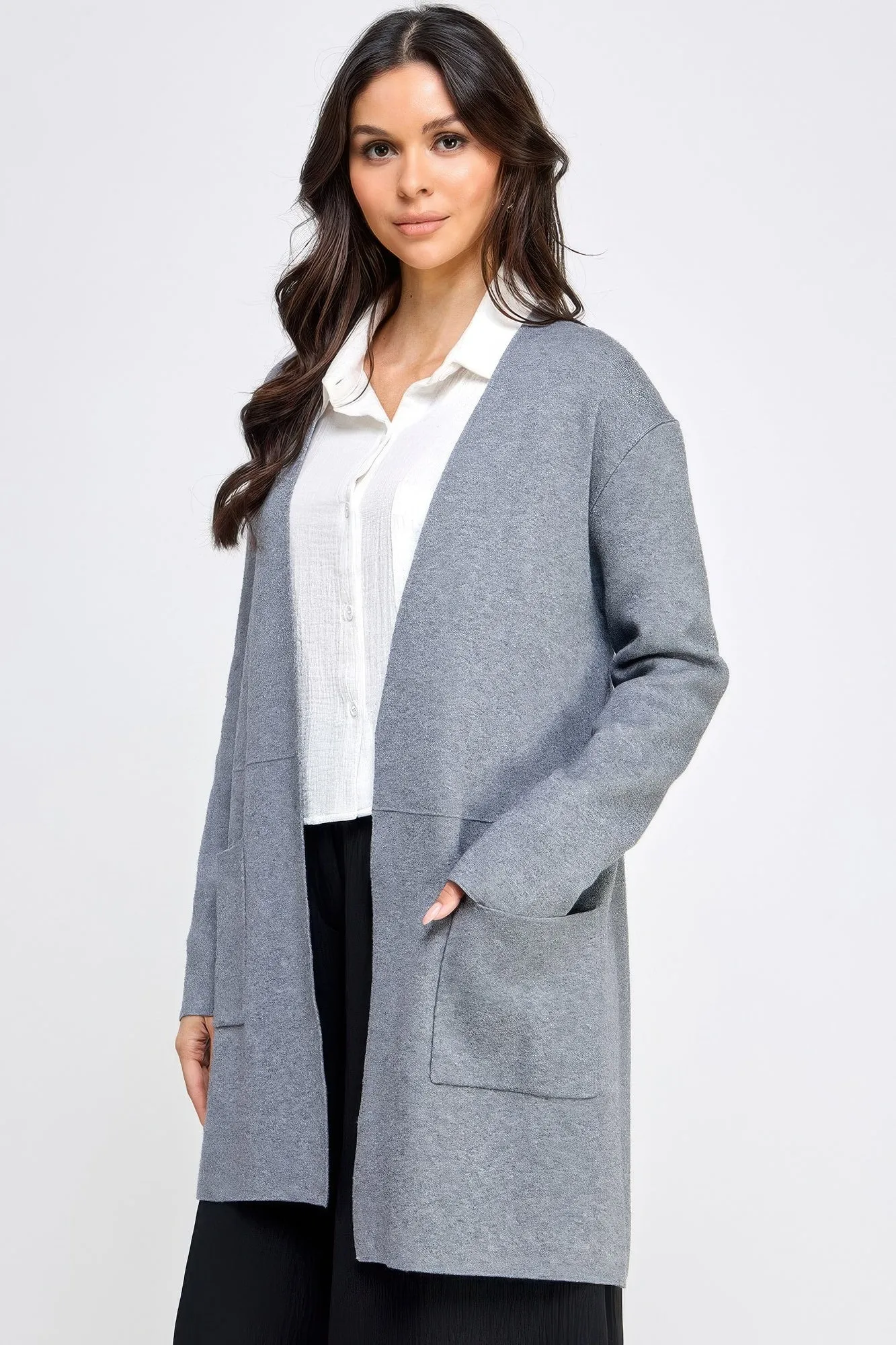 Basic Grey Soft Long Line Open Front Sweater Cardigan