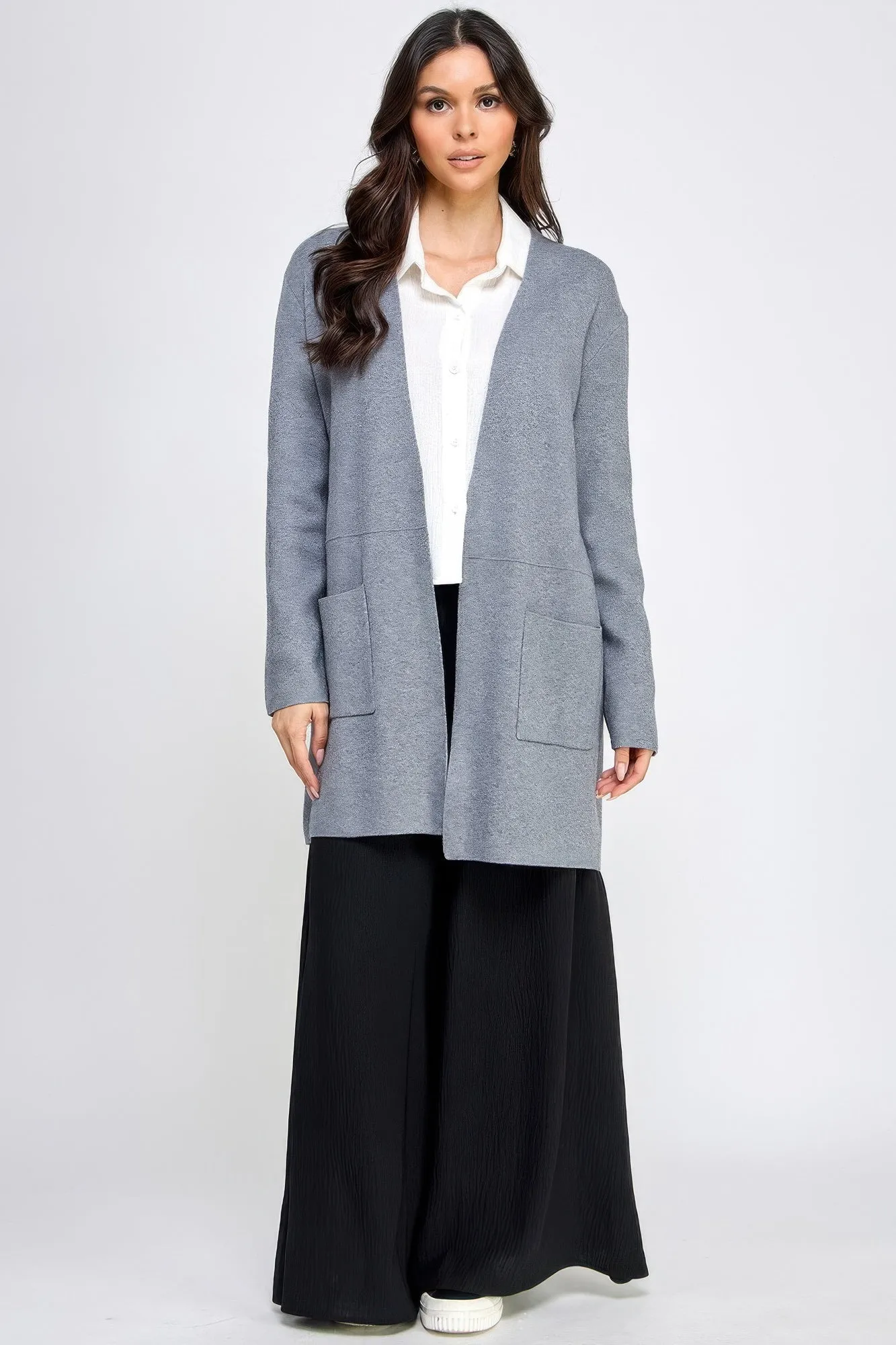 Basic Grey Soft Long Line Open Front Sweater Cardigan