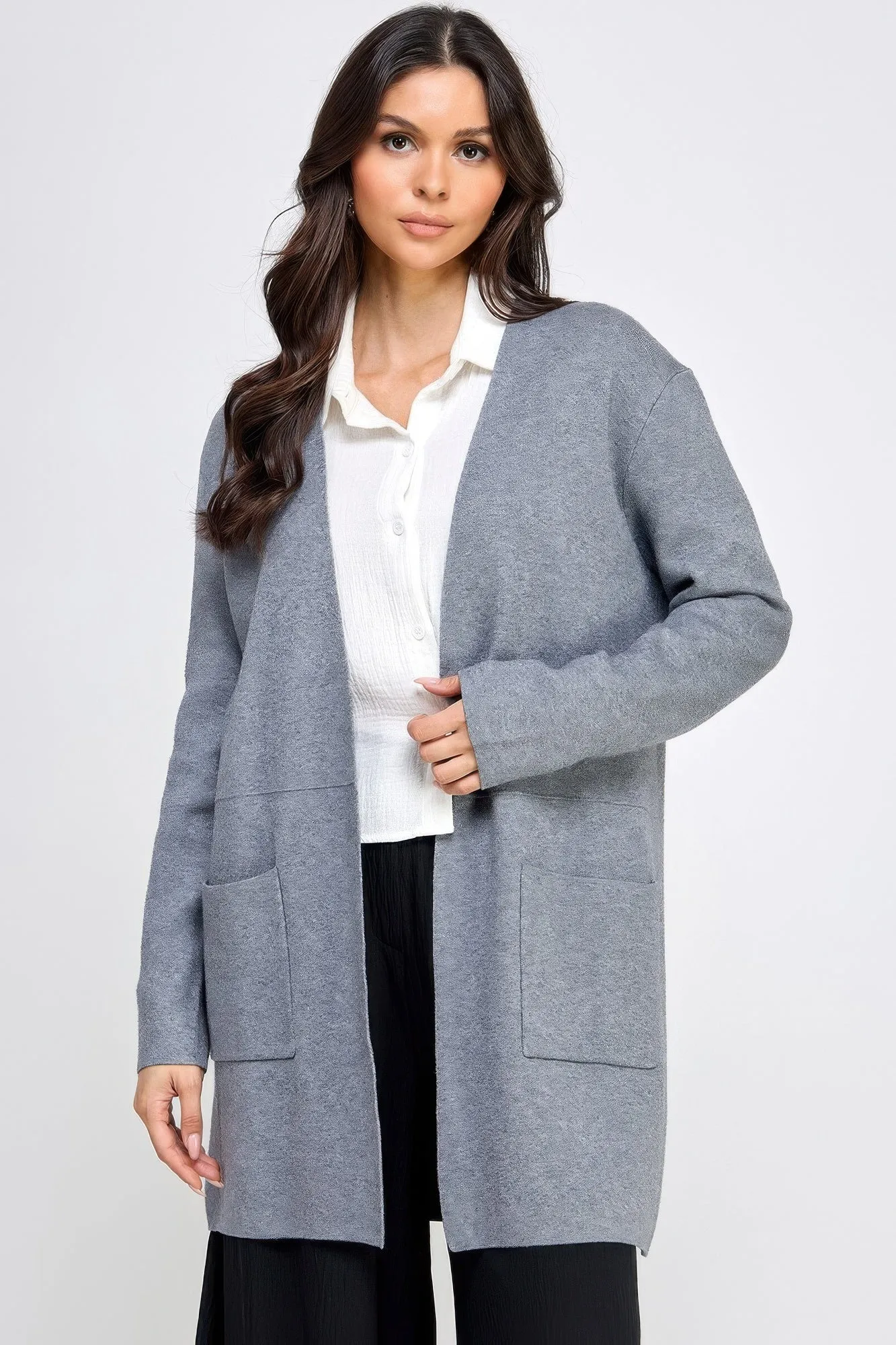 Basic Grey Soft Long Line Open Front Sweater Cardigan