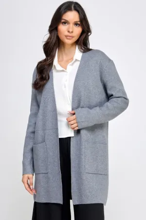 Basic Grey Soft Long Line Open Front Sweater Cardigan