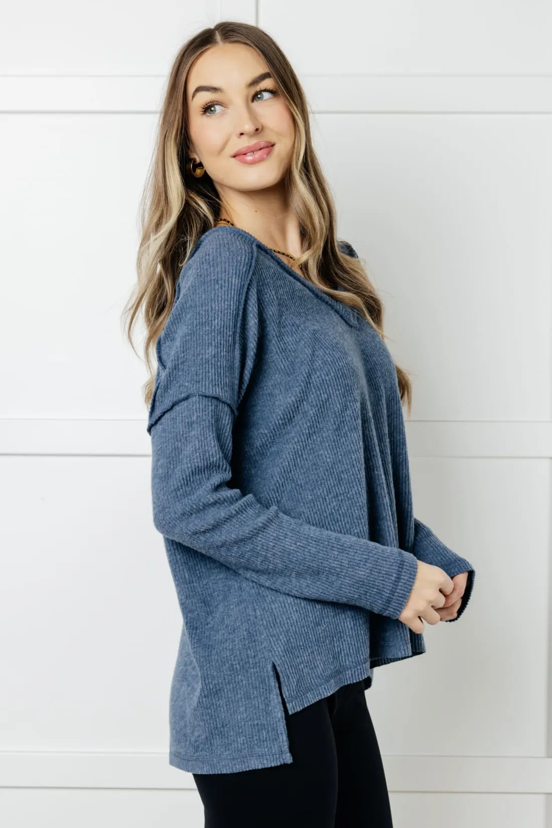 Basically Freezing Brushed Hacci Top in Dusty Blue