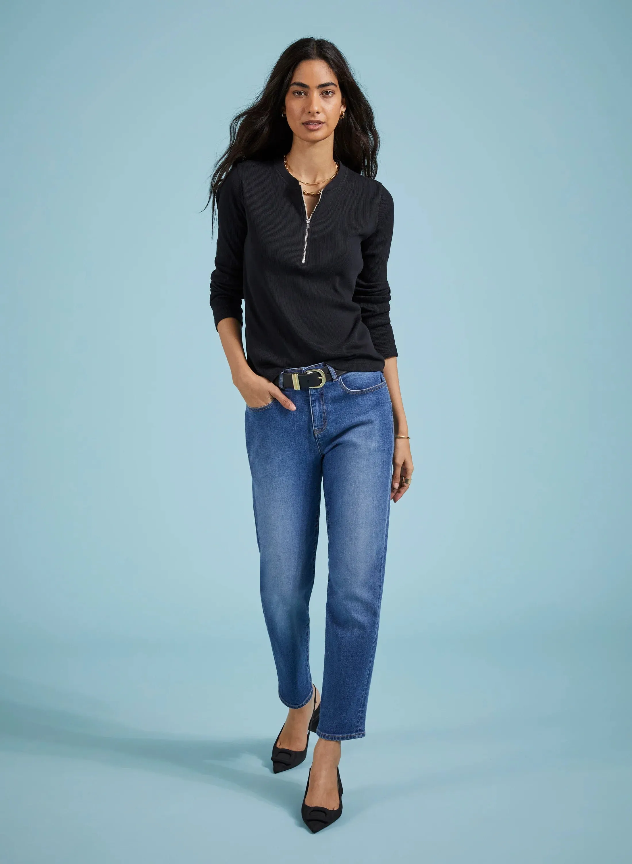 Baukjen Essentials Organic Cotton Long Sleeve Zip Top | Caviar Black