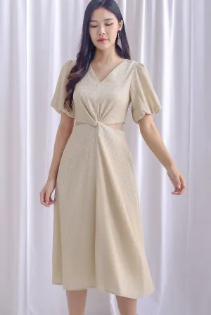 Bea Puffy Sleeve Knot Cut Out Midi Dress In Pale Yellow