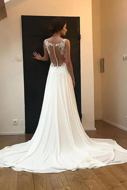 Beautiful A Line Round Neck Sweep Train Sleeveless White Chiffon Wedding Dresses OHD103