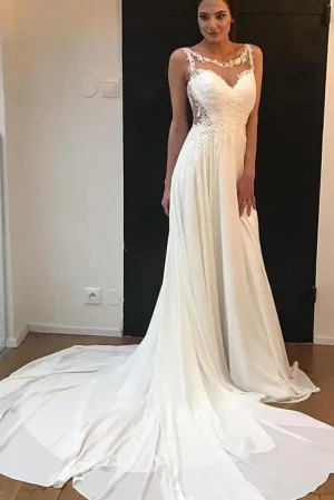 Beautiful A Line Round Neck Sweep Train Sleeveless White Chiffon Wedding Dresses OHD103