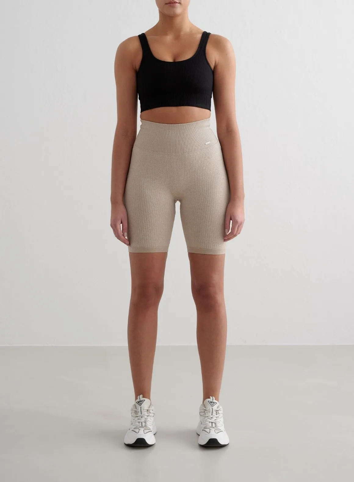 Beige Melange Ribbed Seamless Biker Shorts