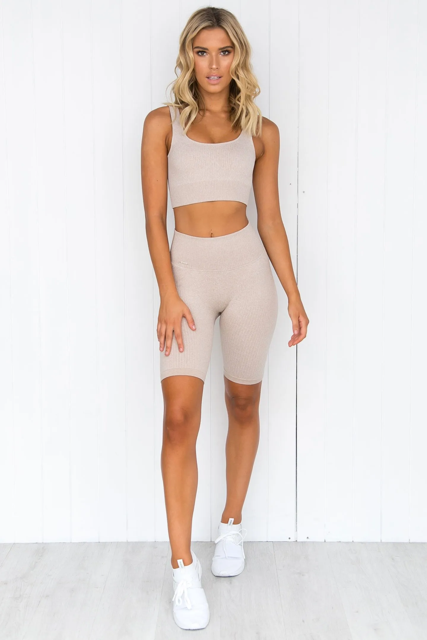 Beige Ribbed Seamless Bike Shorts