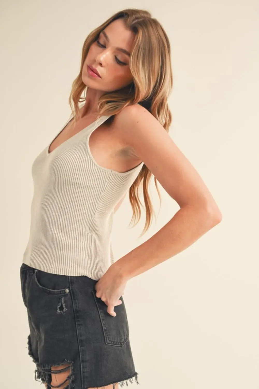 Beige Ribbed Wide Strap Knit Tank