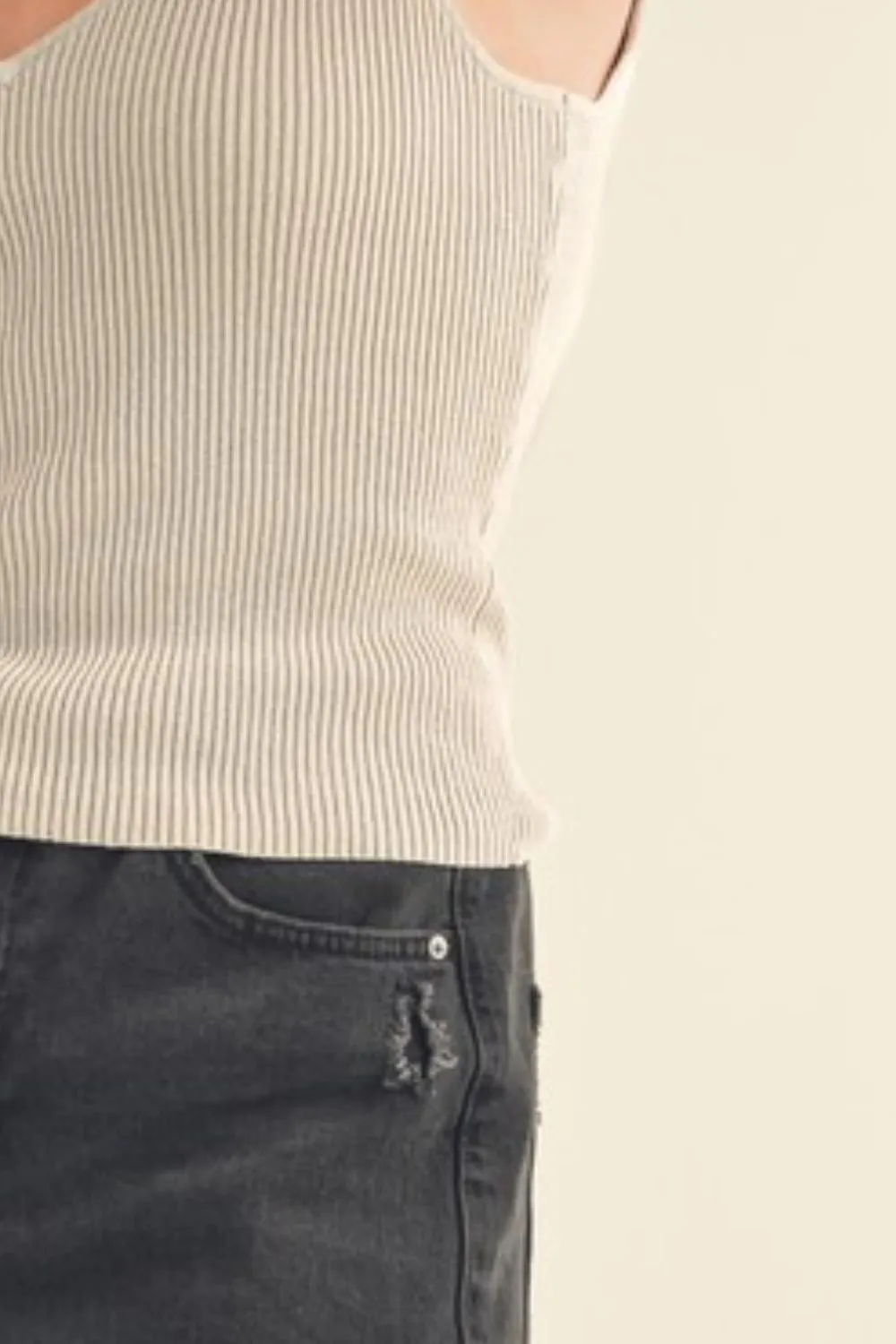 Beige Ribbed Wide Strap Knit Tank