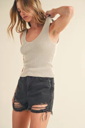 Beige Ribbed Wide Strap Knit Tank