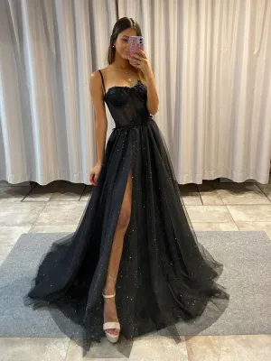Black A line tulle long prom dress black formal dress