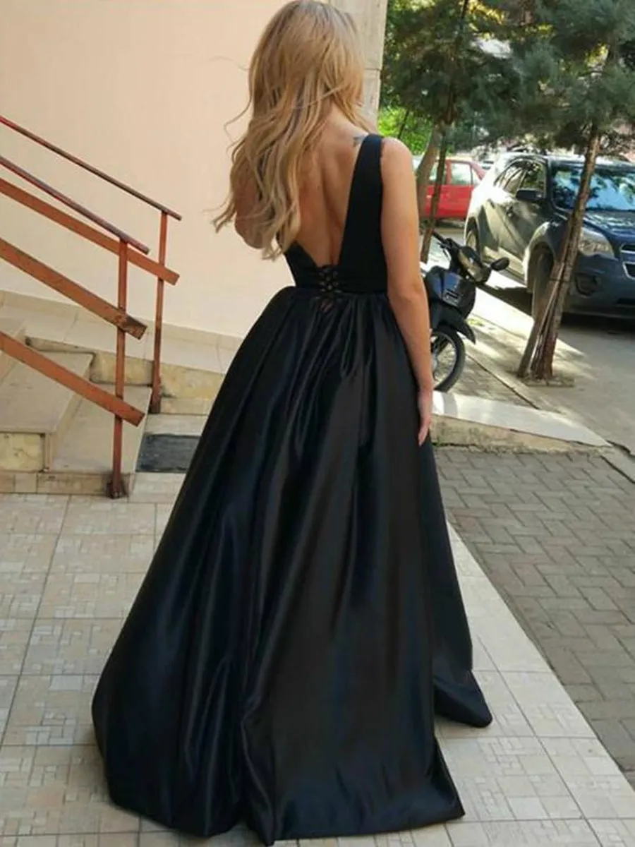 Black A Line V Neck Open Back Satin Long Prom Dresses, Black Formal Dresses V Neck Satin Graduation Dresses Backless Evening Dresses