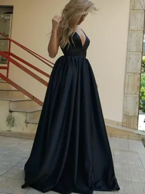 Black A Line V Neck Open Back Satin Long Prom Dresses, Black Formal Dresses V Neck Satin Graduation Dresses Backless Evening Dresses