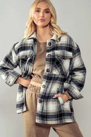 Black Checkered Sherpa Lined Oversized Button Urban Daizy Jacket
