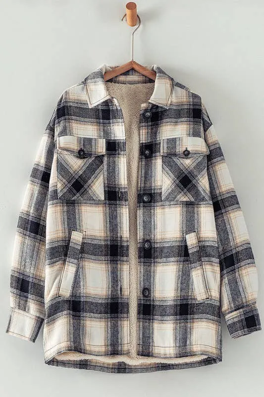 Black Checkered Sherpa Lined Oversized Button Urban Daizy Jacket
