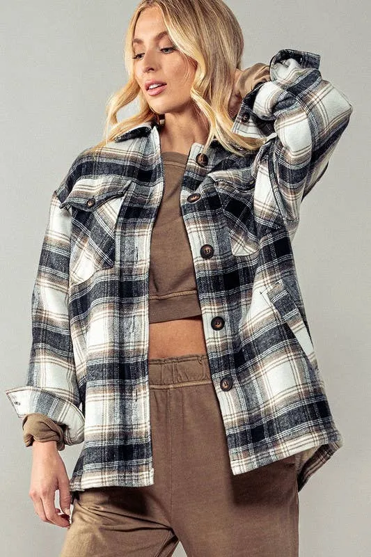 Black Checkered Sherpa Lined Oversized Button Urban Daizy Jacket