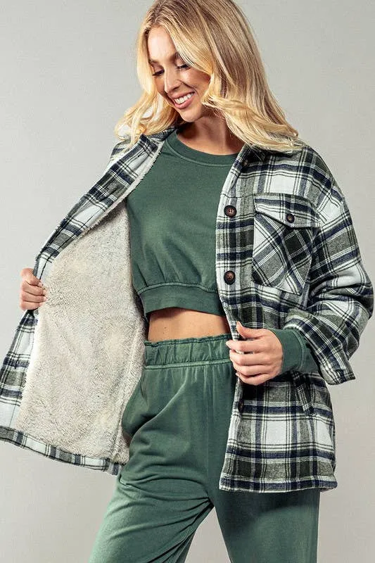 Black Checkered Sherpa Lined Oversized Button Urban Daizy Jacket