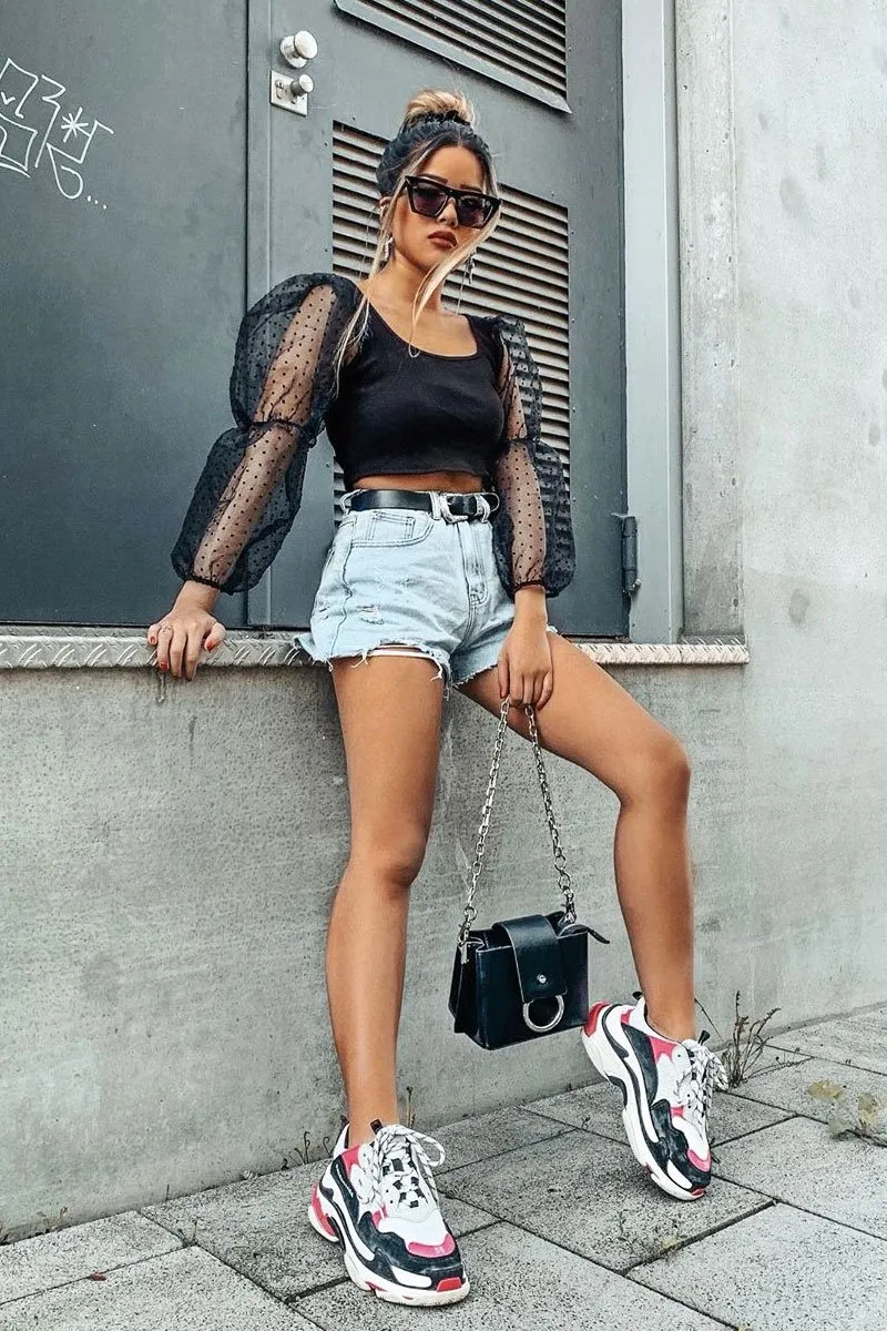 Black Polka Dot Organza Sleeve Crop Top - Bianca