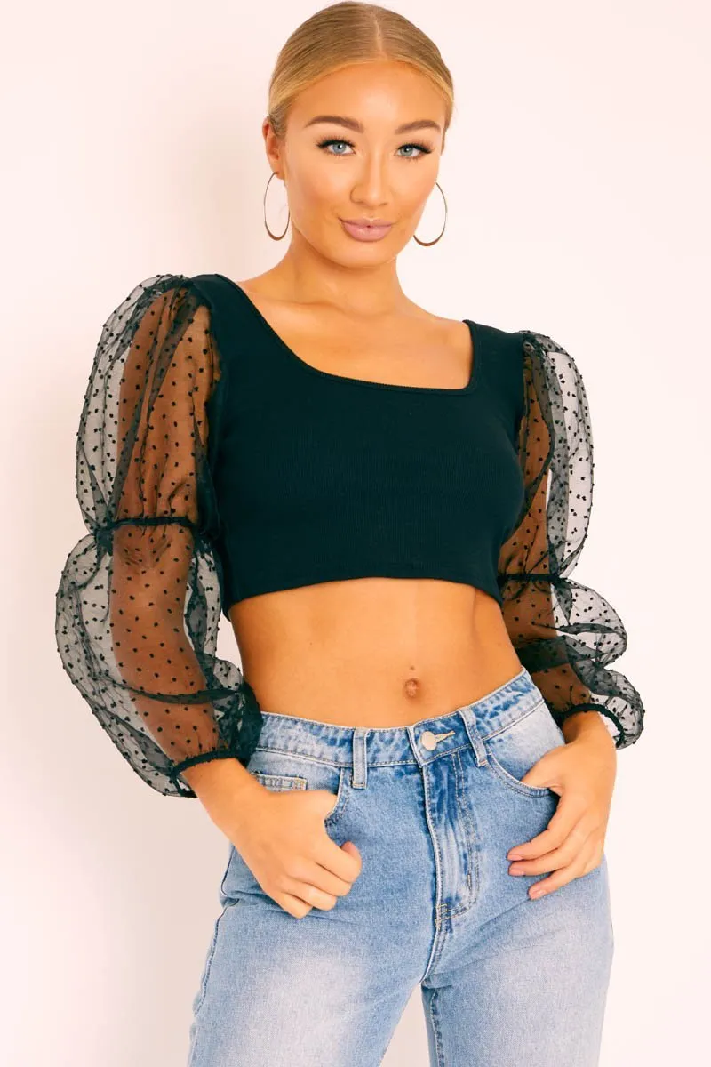 Black Polka Dot Organza Sleeve Crop Top - Bianca